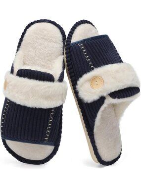 Women's Navy Fuzzy Open Toe Slippers Memory Foam Faux Fur House Non-slip Shoes